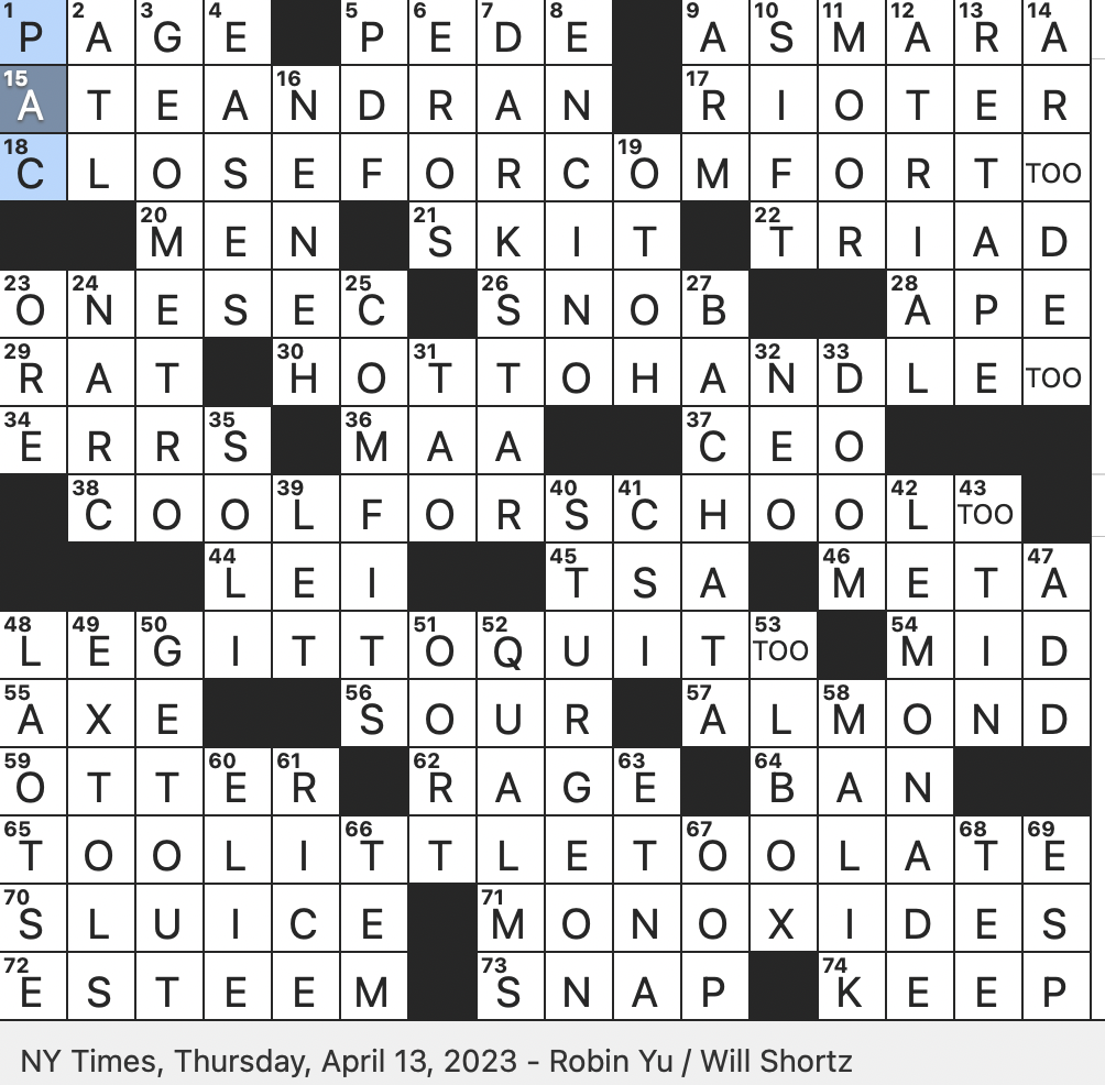Sci fi Cult Classic Of 1974 THU 4 13 23 Romantic Music Genre Originating In The Dominican Republic Dutch Astronomer With An Eponymous Cloud Onetime Auto Replaced By The Chevrolet Aveo Trendy And Rex Parker Does The NYT Crossword Puzzle