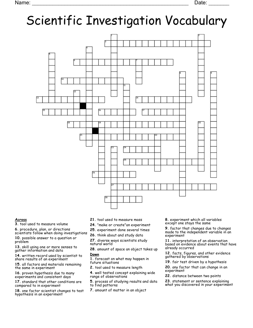 Scientific Investigation Vocabulary Crossword WordMint