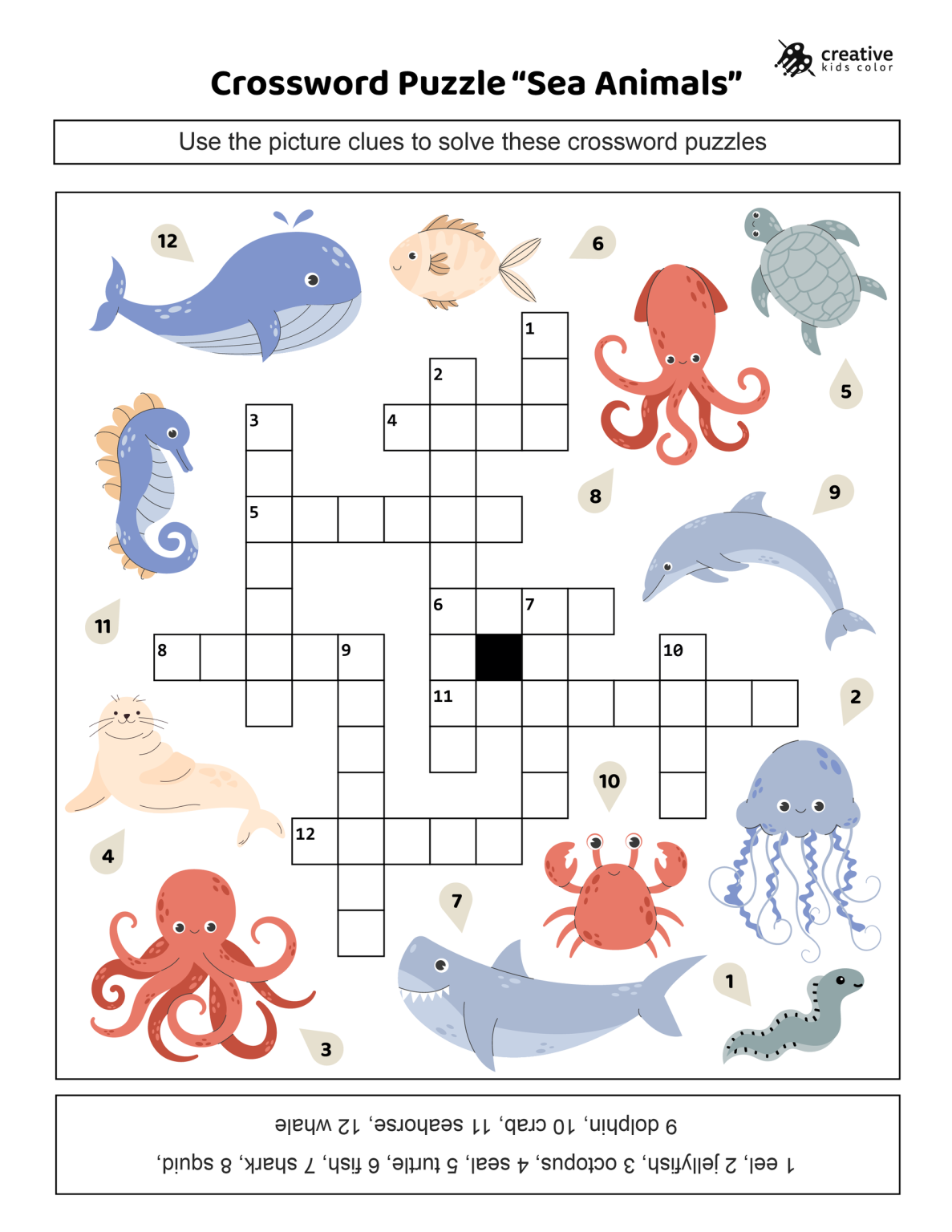 Sea Animals Crossword Puzzle Free Printable PDF 