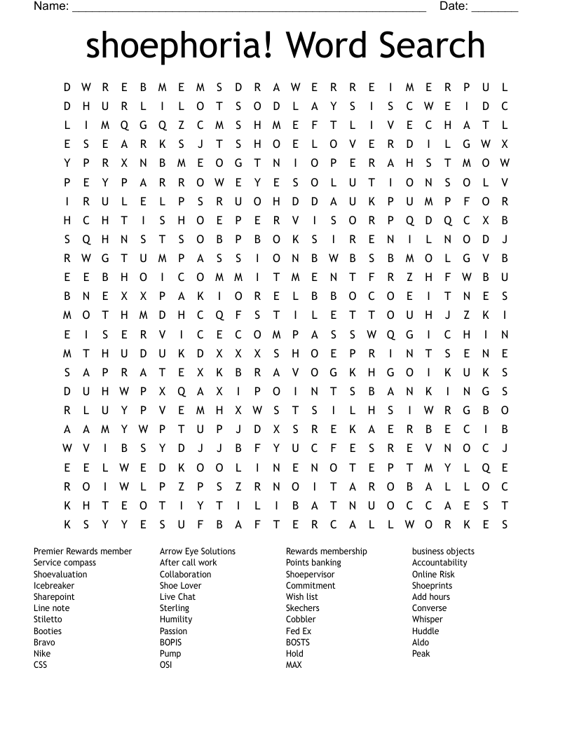 Shoe Brand Word Cross Word Search WordMint