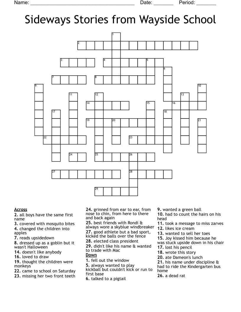 Sideways Stories From Wayside School Crossword WordMint Sideways Stories From Wayside School Crossword WordMint
