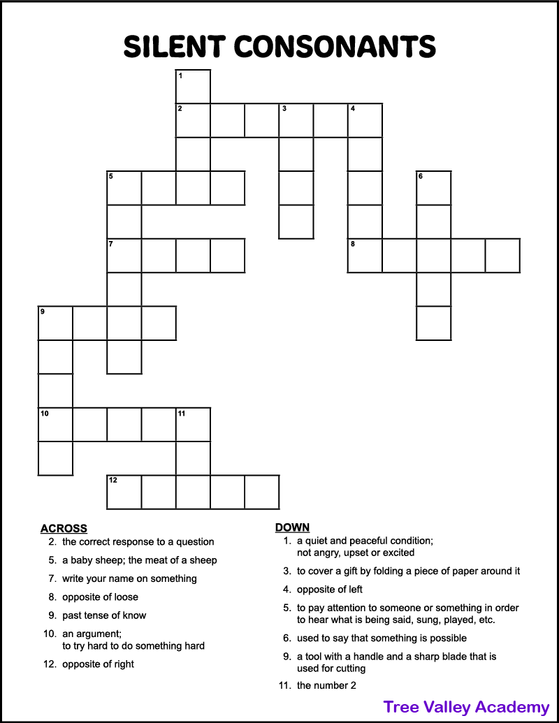Silent Letters Crossword Puzzle For Kids Tree Valley Academy