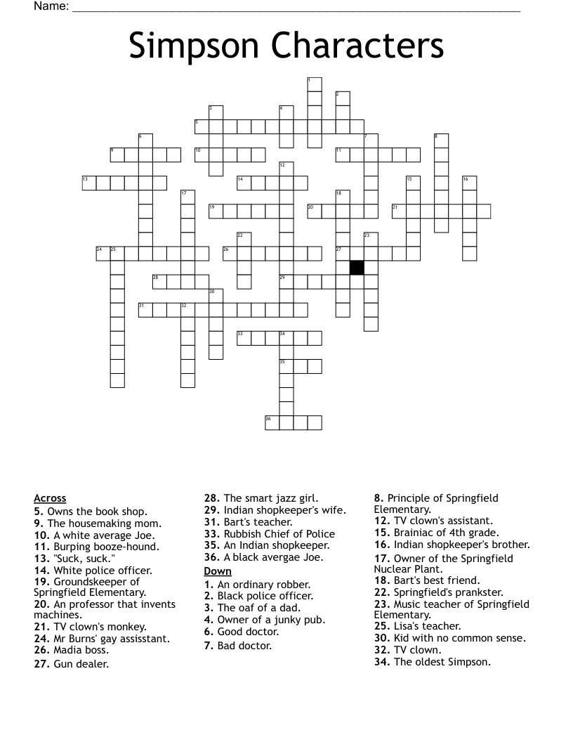 Simpson Characters Crossword WordMint