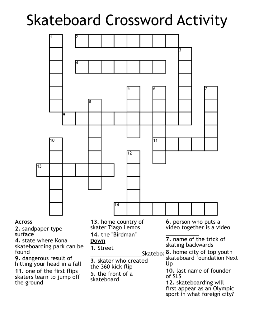 Skateboard Crossword Activity WordMint