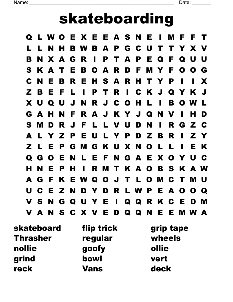 Skateboarding Word Search WordMint