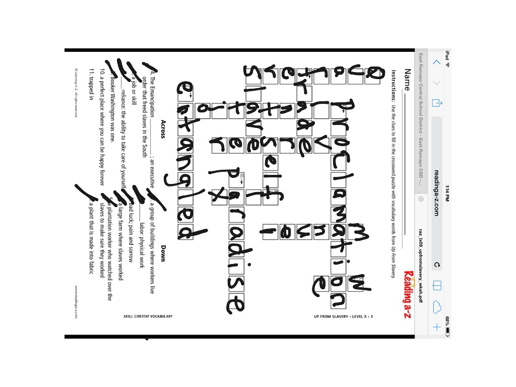 Slavery Crossword Puzzle English Reading Special Education ShowMe