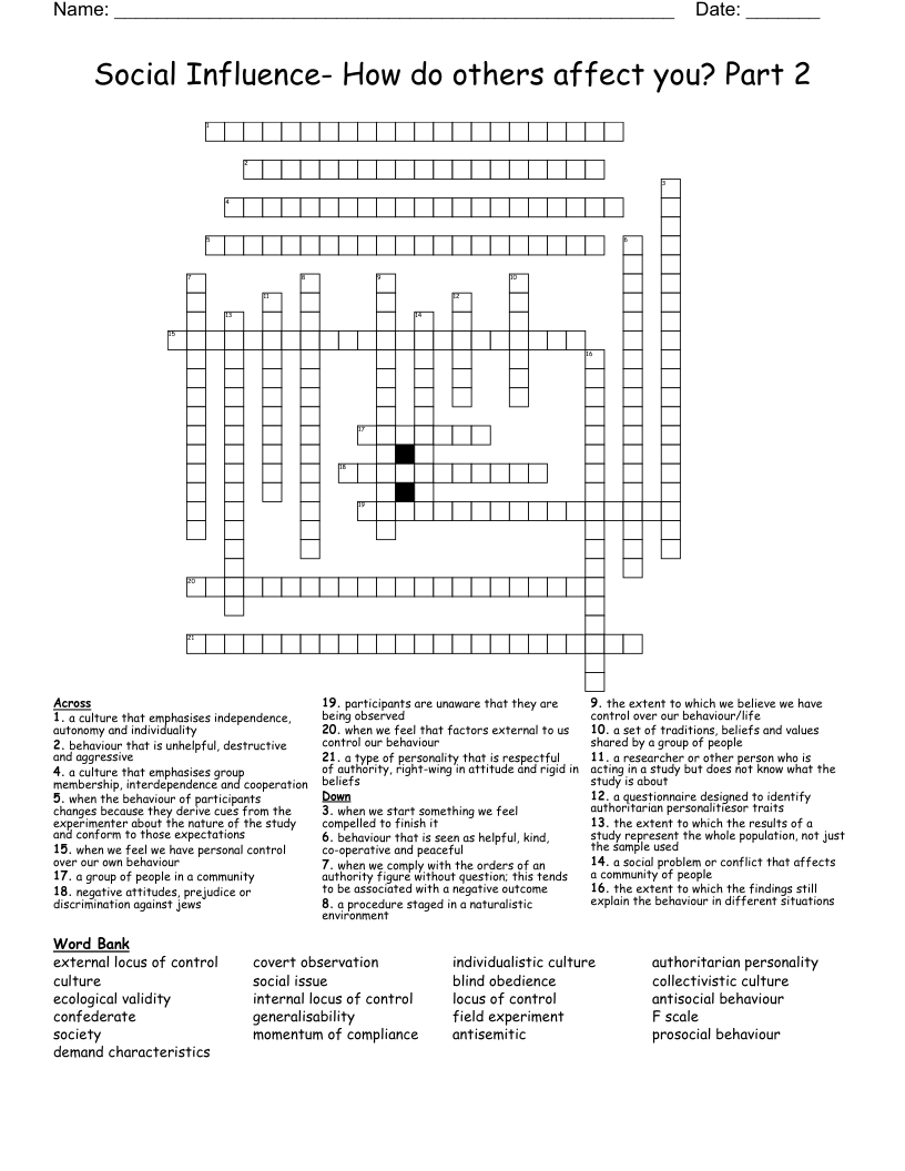 Social Influence How Do Others Affect You Part 2 Crossword WordMint
