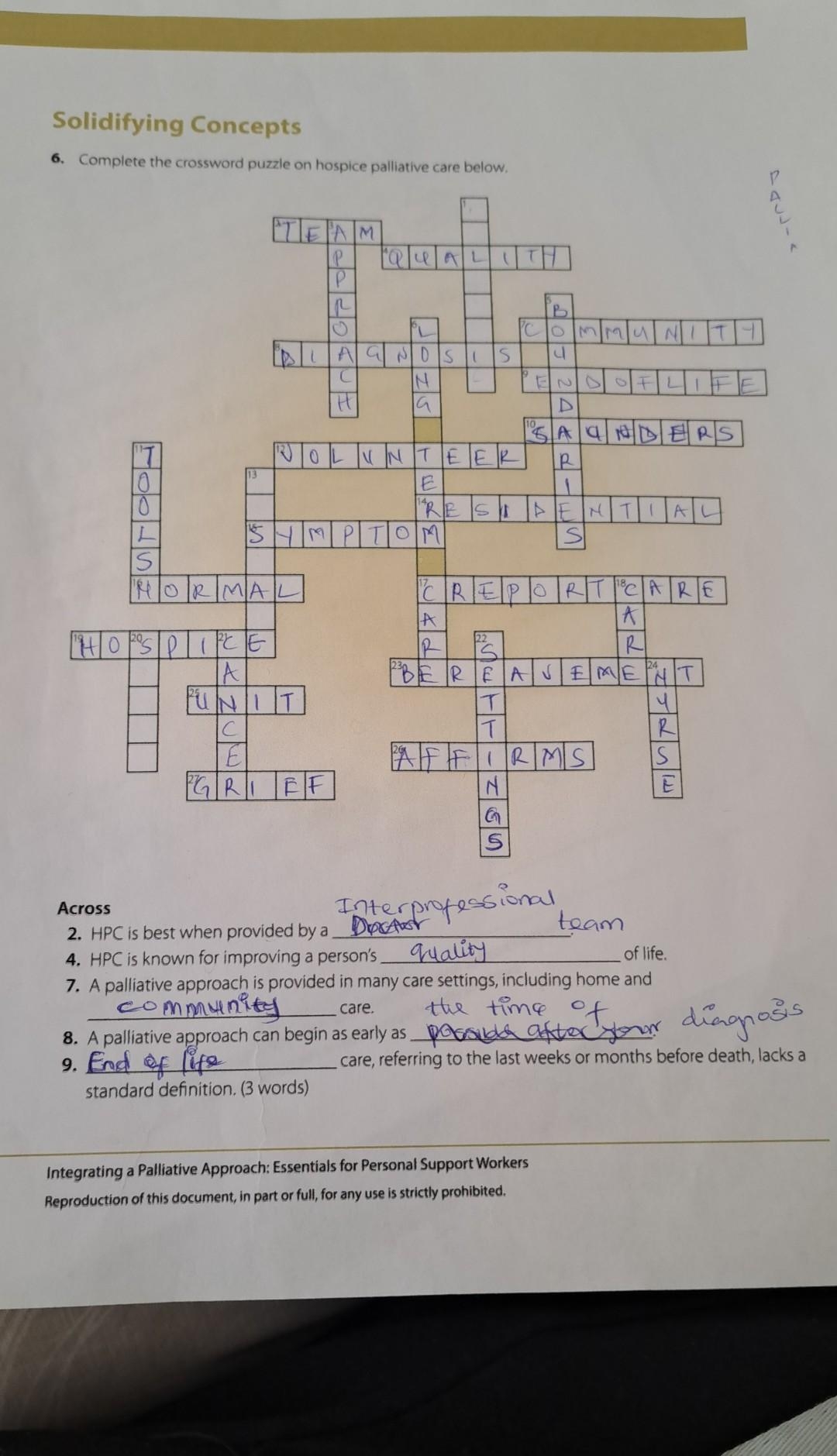 Solved 6 Complete The Crossword Puzzle On Hospice Chegg