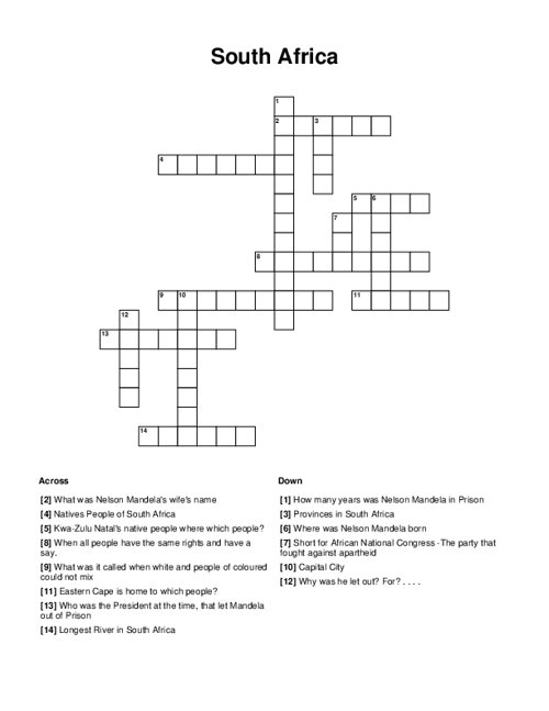 South Africa Crossword Puzzle South Africa Crossword Puzzle