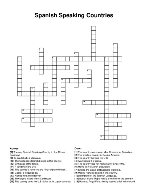 Spanish Speaking Countries Crossword Puzzle