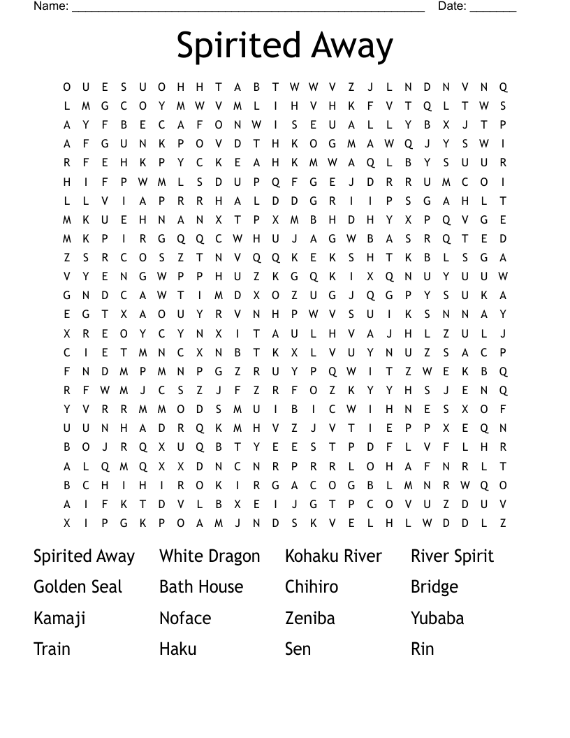 Spirited Away Word Search WordMint