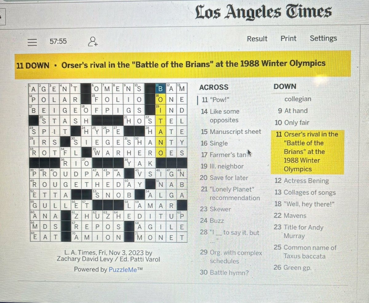 Spoiler Alert For Those Doing The latimes Crossword Puzzle Today I m Glad My Olympic Teammate And Bronze Medallist Peter Oppegard Got This Correct 