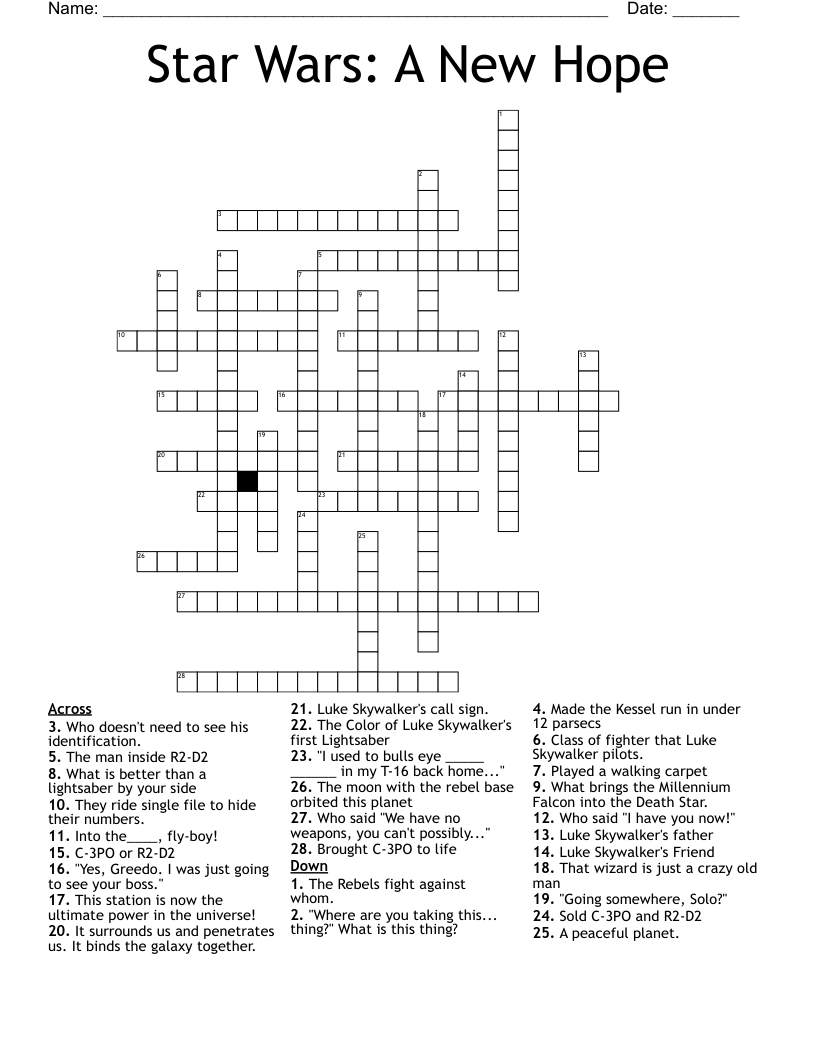 Star Wars A New Hope Crossword WordMint