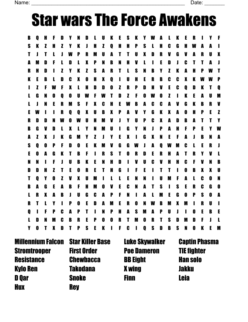 Star Wars The Force Awakens Word Search WordMint