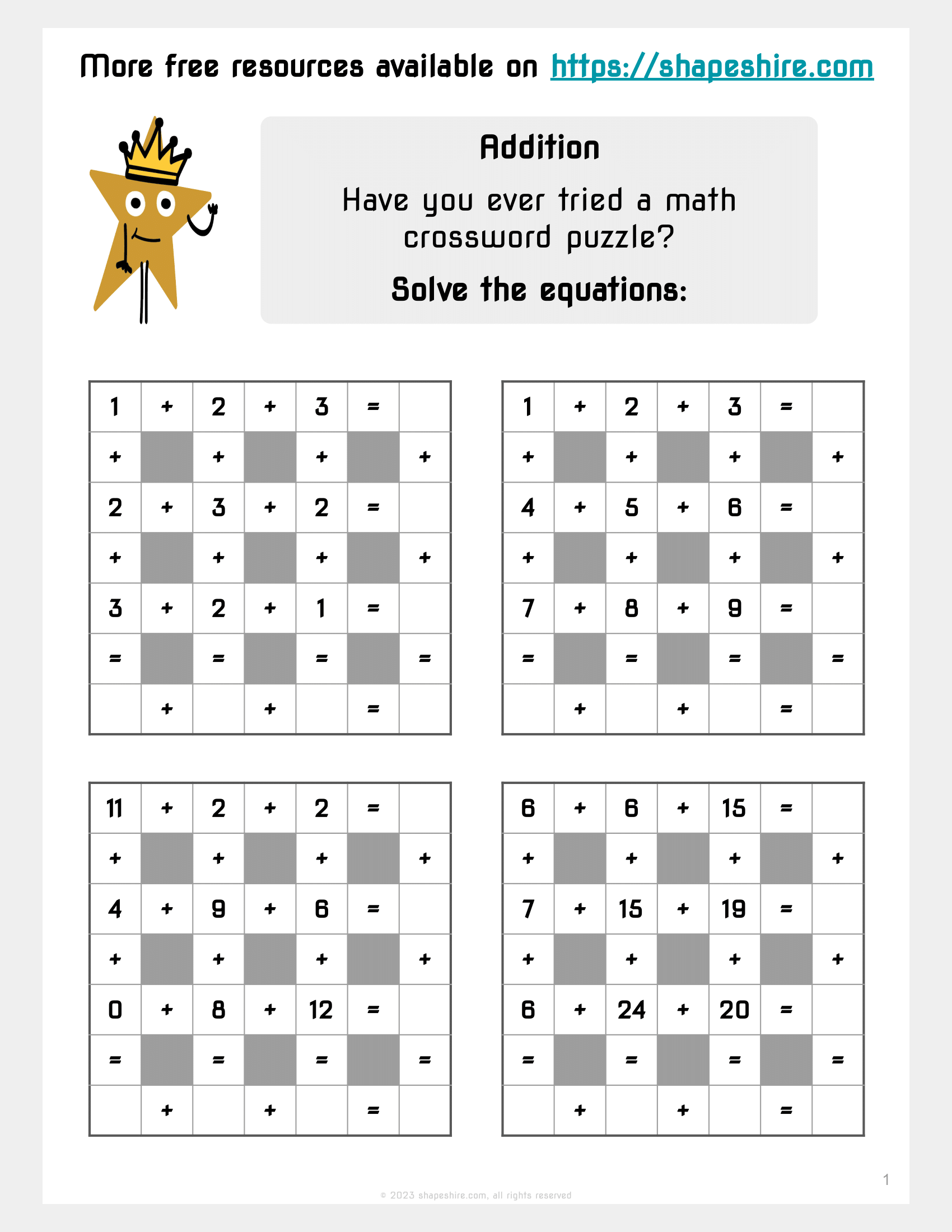 Starting Point Worksheet 12 Addition ShapeShire