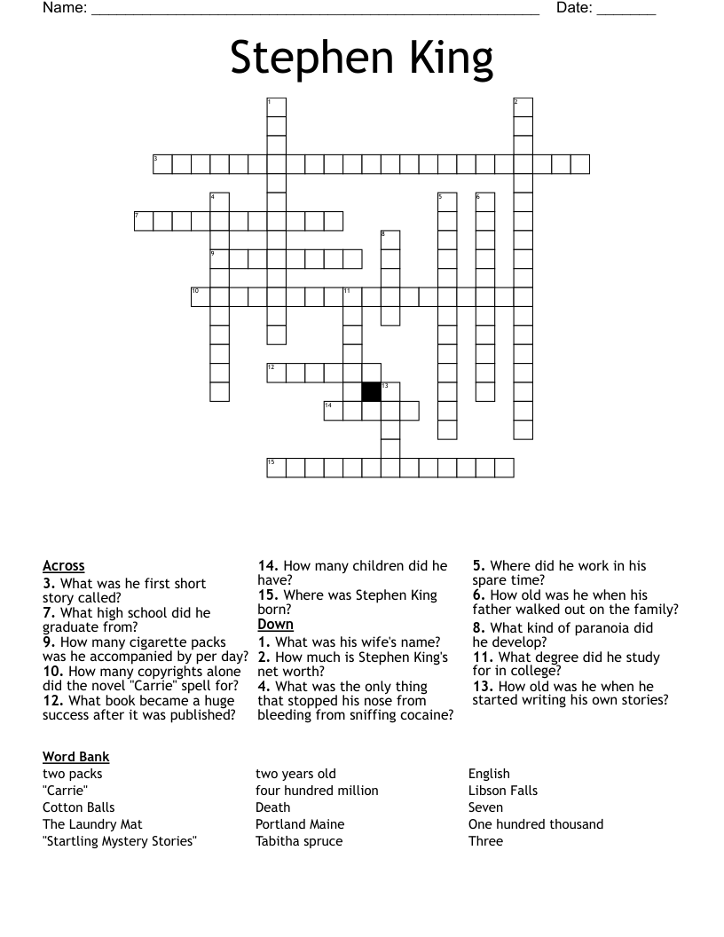 Stephen King Crossword WordMint