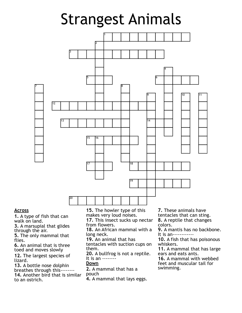 Strangest Animals Crossword WordMint