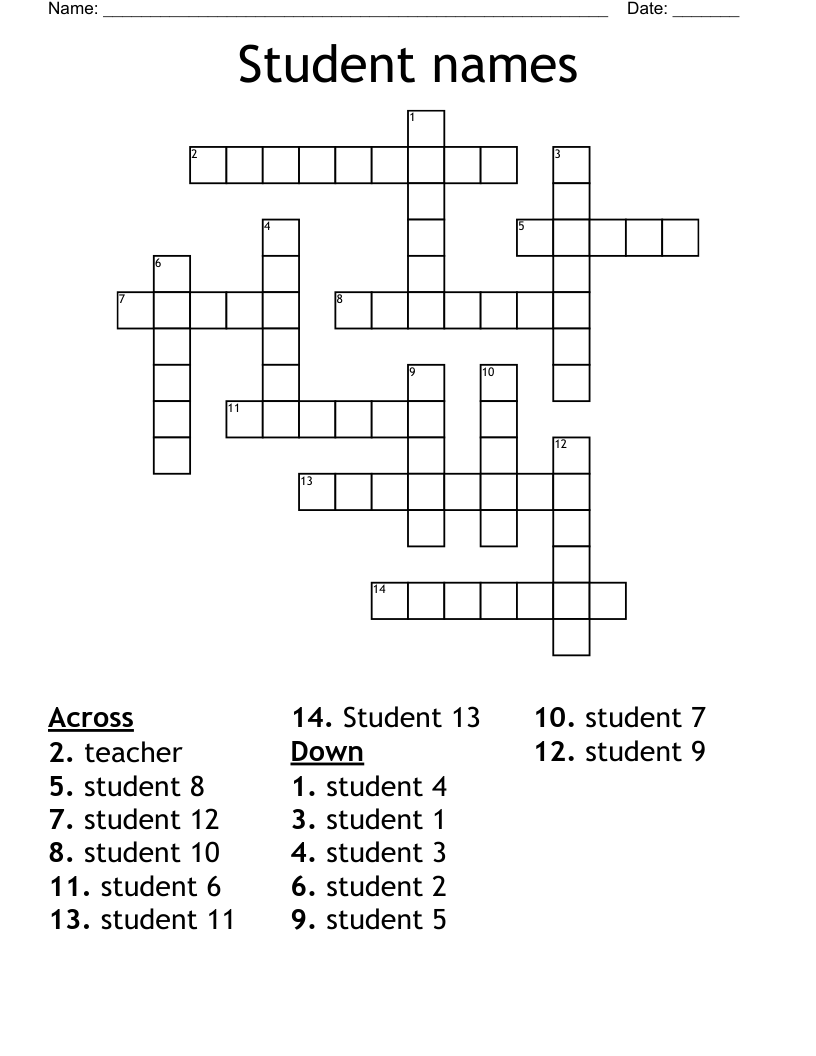 Student Names Crossword WordMint