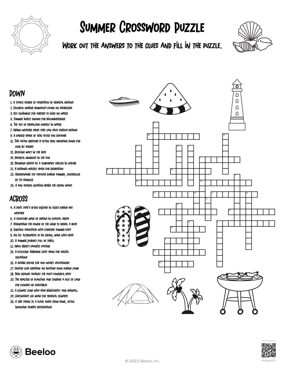 Summer Crossword Puzzle Beeloo Printable Crafts And Activities For Kids