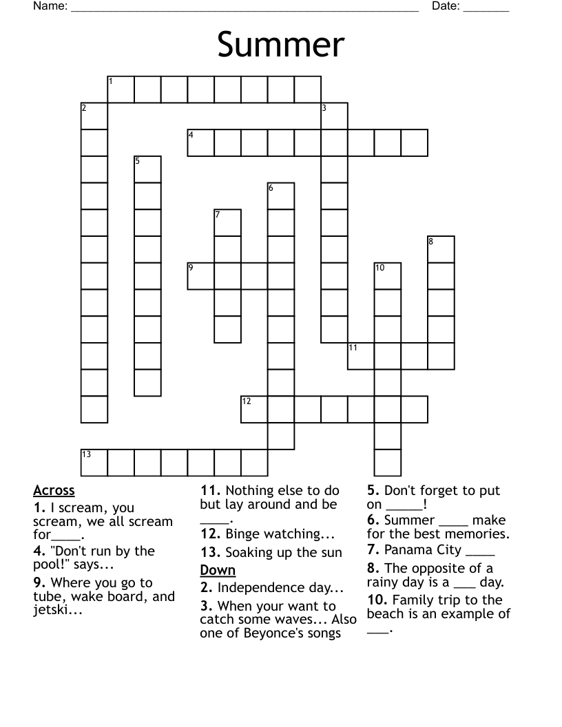 Summer Crossword WordMint Summer Crossword WordMint