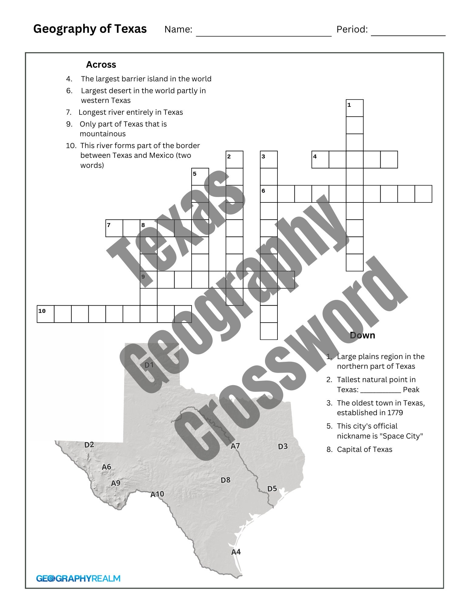 Texas Geography Crossword Puzzle For Grades 3 5 digital Download With Answer Key Etsy Israel