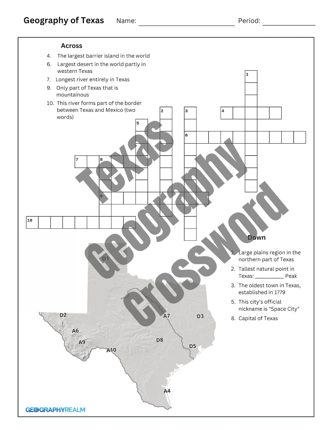 Texas Geography Crossword Puzzle For Grades 3 5 digital Download With Answer Key Etsy Israel