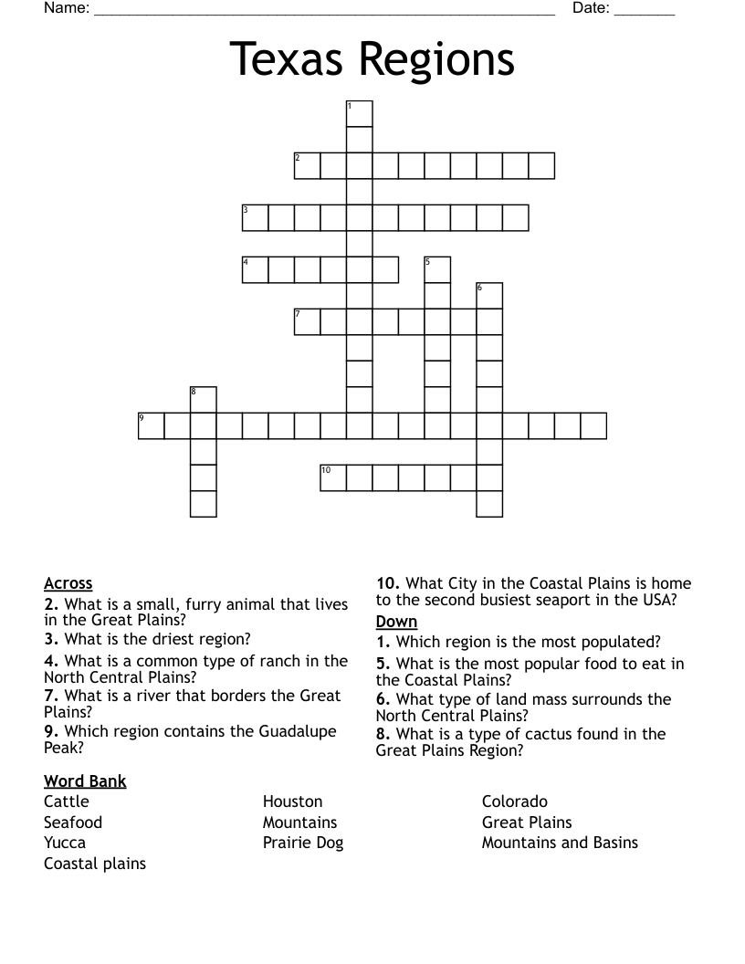 Texas Regions Crossword WordMint Texas Regions Crossword WordMint