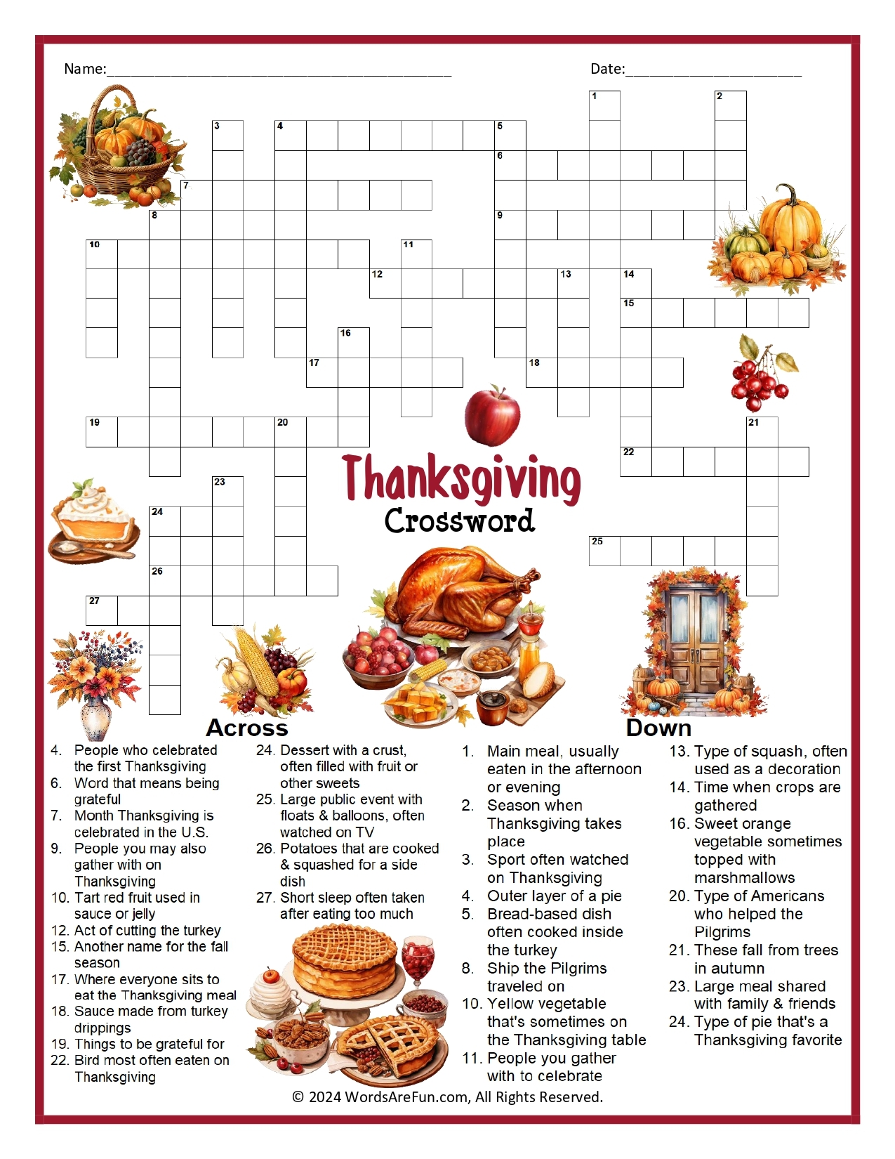 Thanksgiving Crossword Puzzle Thanksgiving Crossword Puzzle