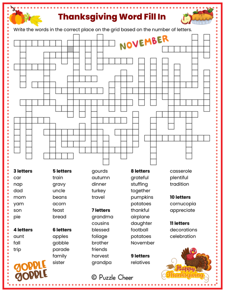 Thanksgiving Crossword Puzzles Printable Fanny Printable