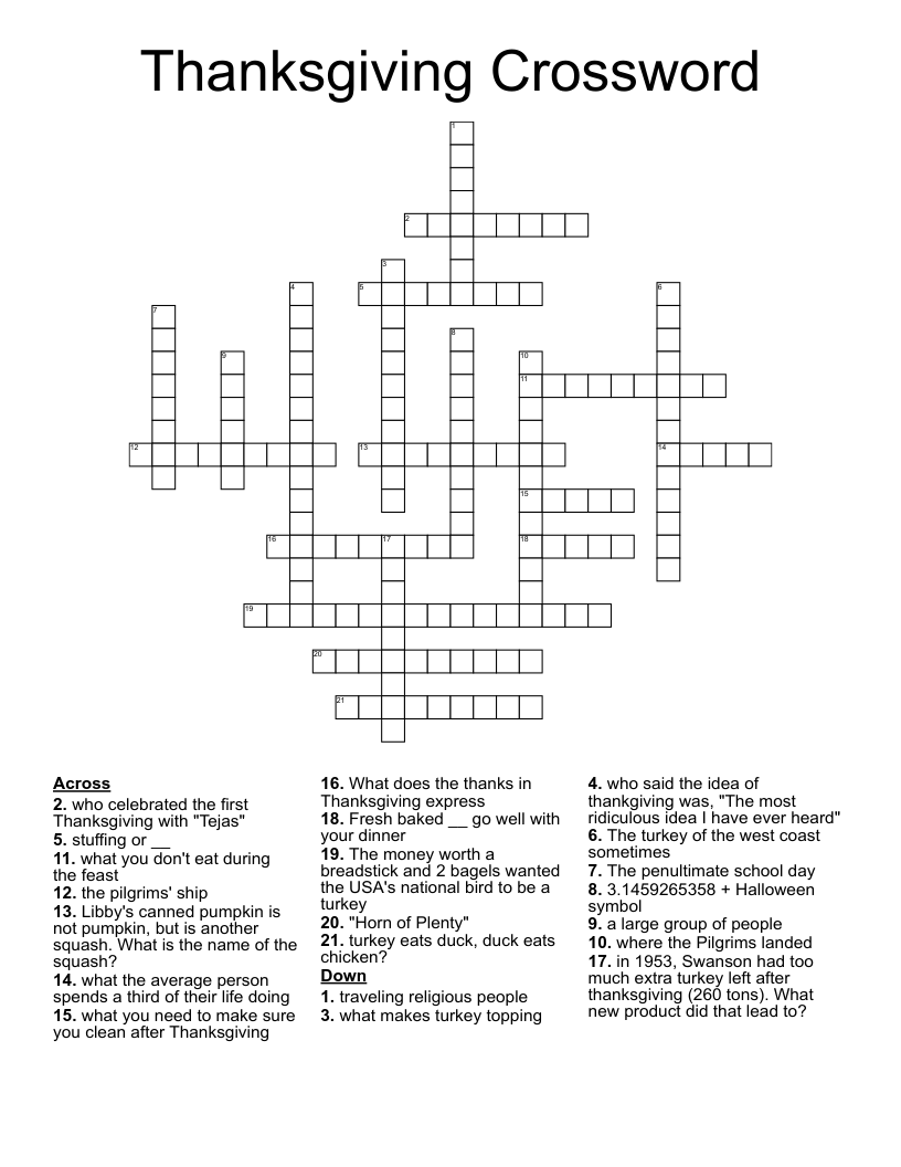 Thanksgiving Crossword WordMint Thanksgiving Crossword WordMint