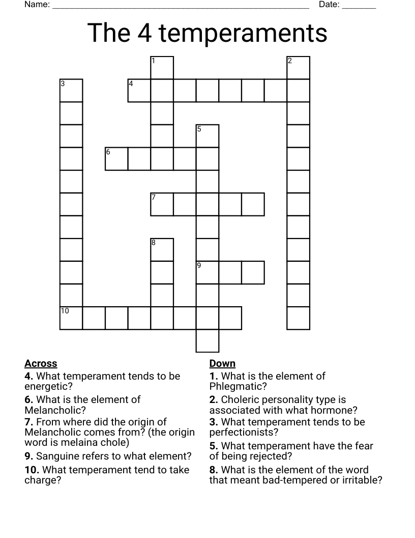 The 4 Temperaments Crossword WordMint
