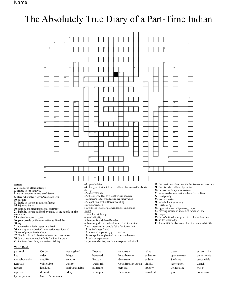 The Absolutely True Diary Of A Part Time Indian Crossword WordMint