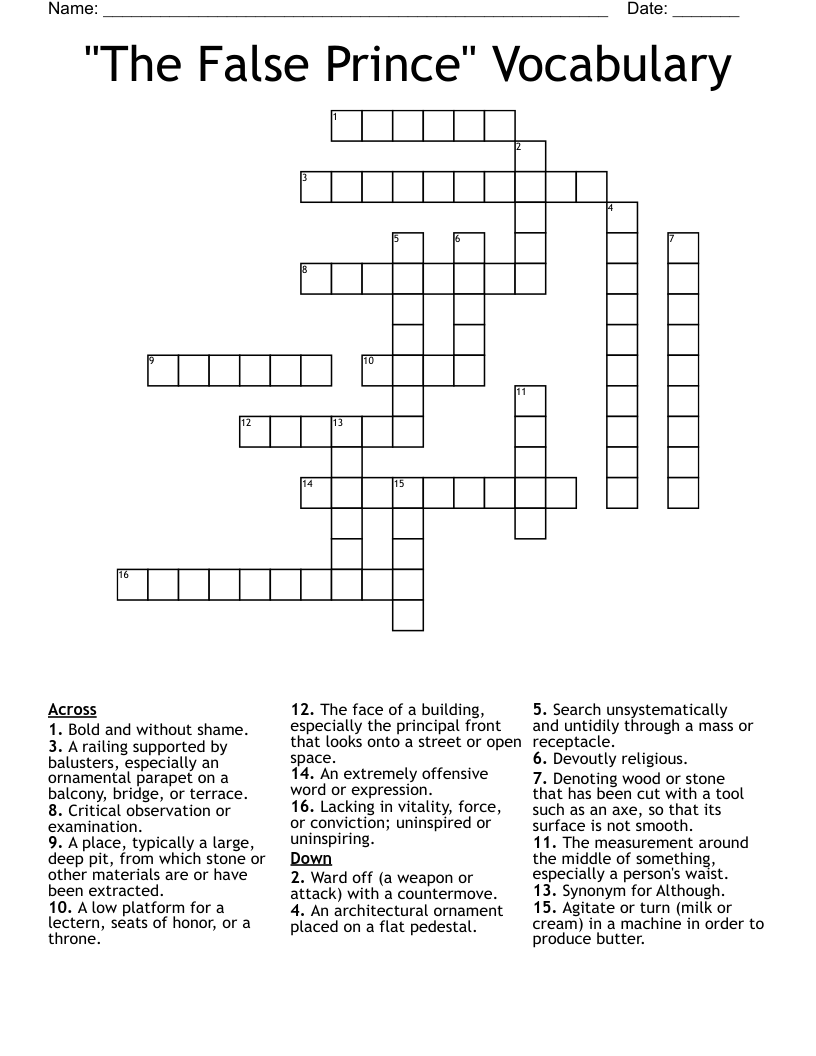 The False Prince Vocabulary Crossword WordMint