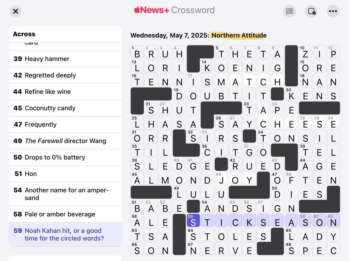 The Theme Of The Apple News Crossword For Wednesday May 7th Is Northern Attitude And The Puzzle References Noah Within A Clue The Theme Of The Apple News Crossword For Wednesday May 7th Is Northern Attitude And The Puzzle References Noah Within A Clue