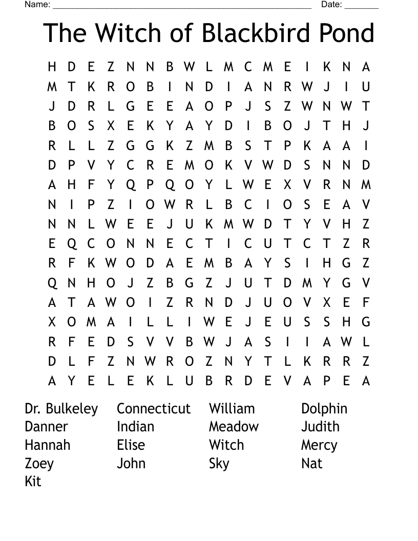 The Witch Of Blackbird Pond Word Search WordMint