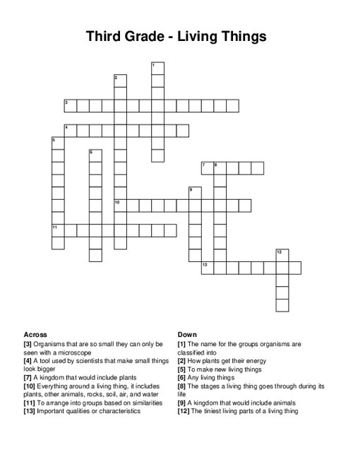 Third Grade Living Things Crossword Puzzle