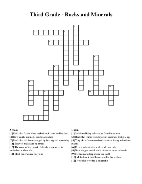 Third Grade Rocks And Minerals Crossword Puzzle