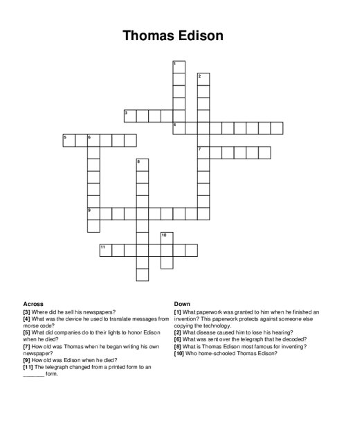 Thomas Edison Crossword Puzzle