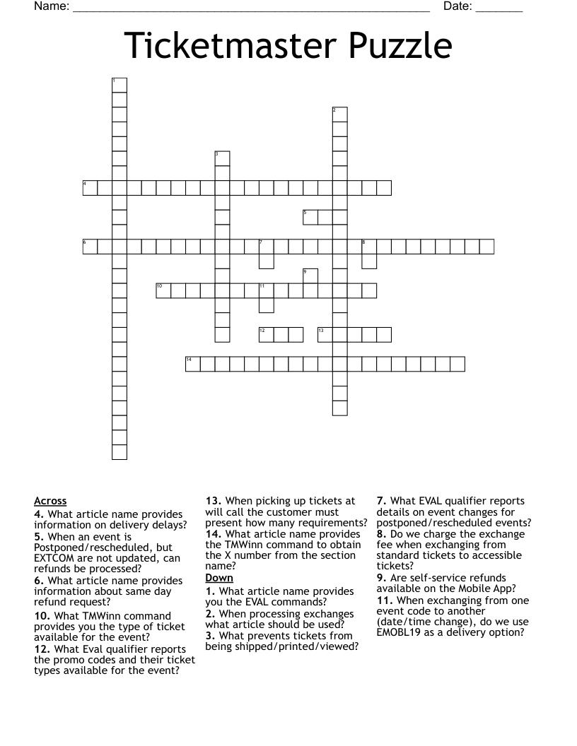 Ticketmaster Puzzle Crossword WordMint