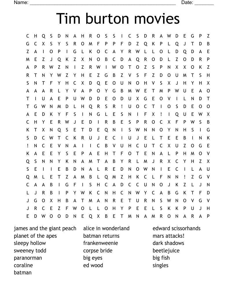 Tim Burton Movies Word Search WordMint