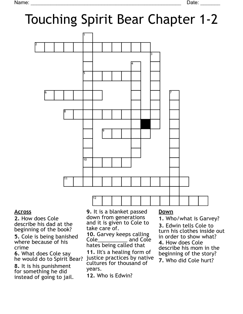 Touching Spirit Bear Chapter 1 2 Crossword WordMint