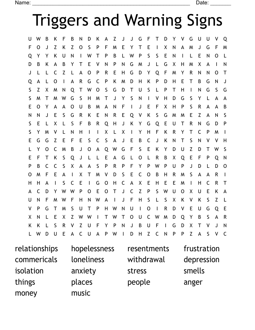 Triggers And Warning Signs Word Search WordMint