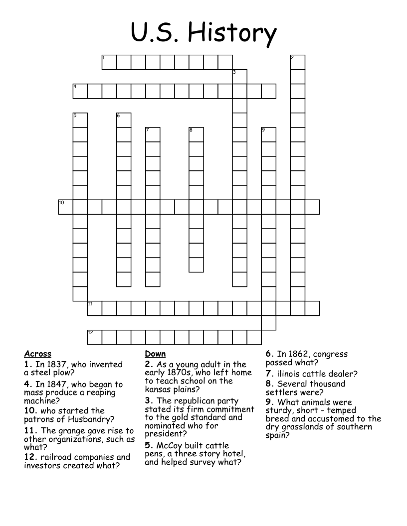U S History Crossword WordMint