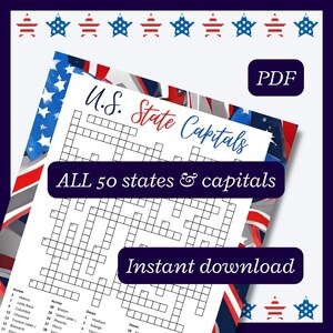 U S State Capital Crossword Puzzle Including All 50 States Great July 