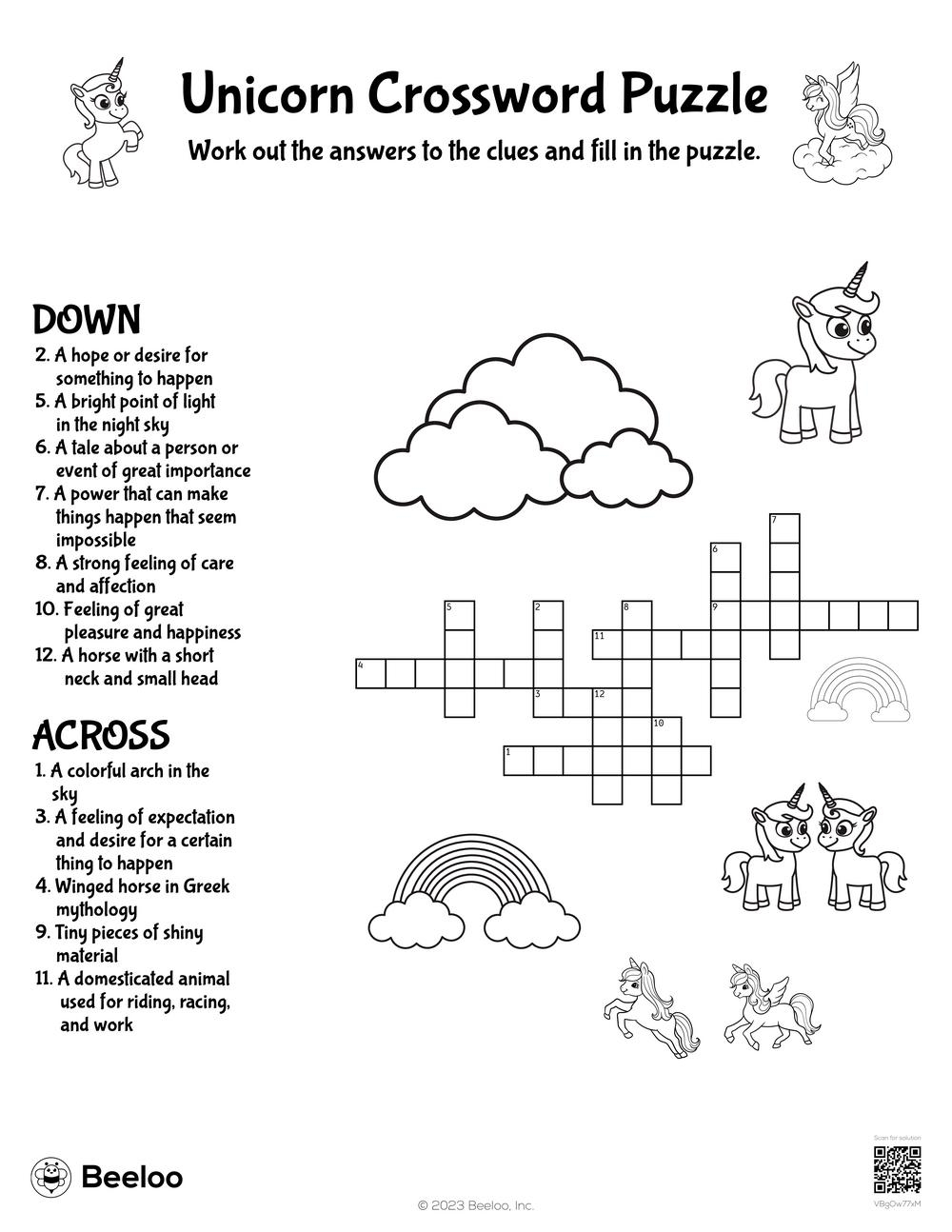 Unicorn Crossword Puzzle Beeloo Printable Crafts And Activities For Kids