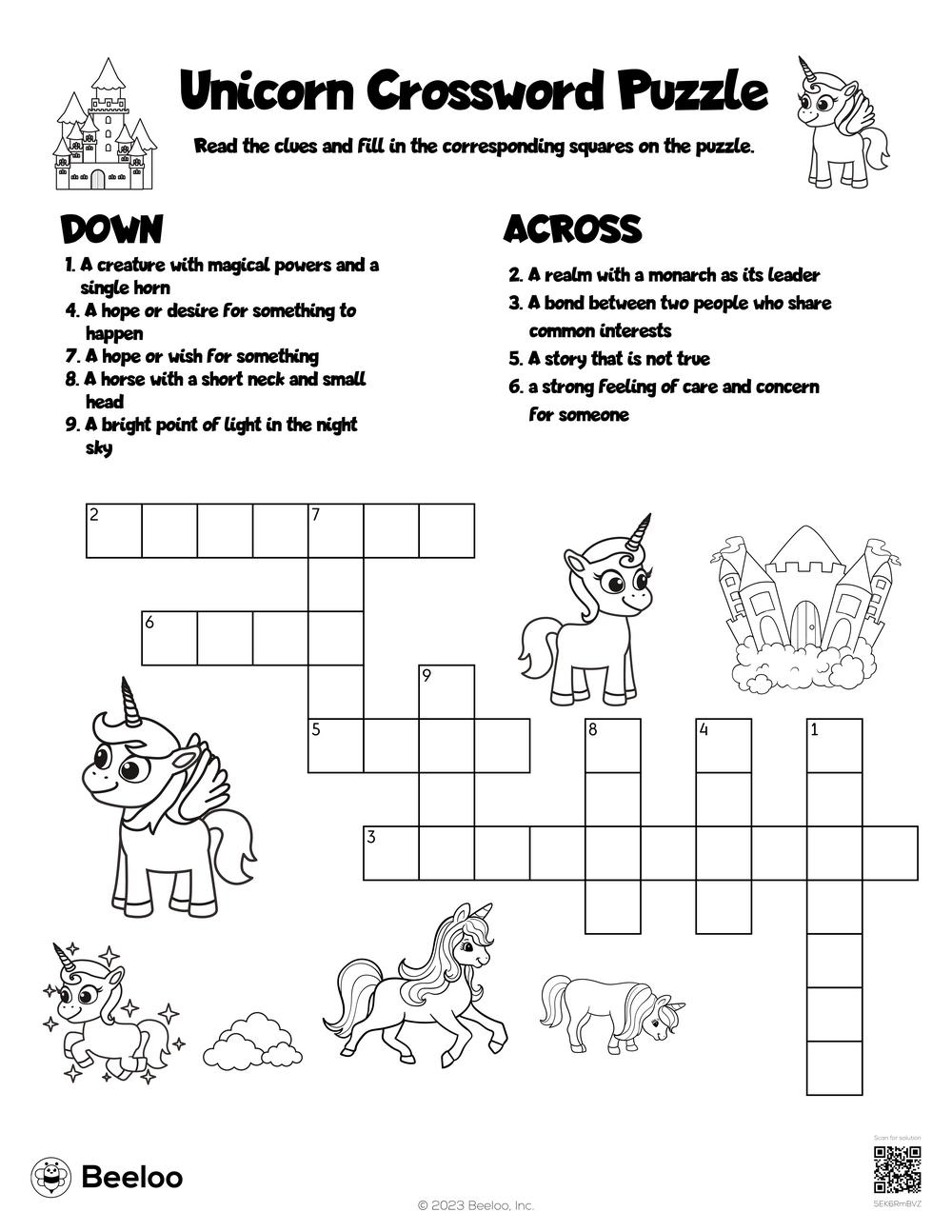 Unicorn Crossword Puzzle Beeloo Printable Crafts And Activities For Kids