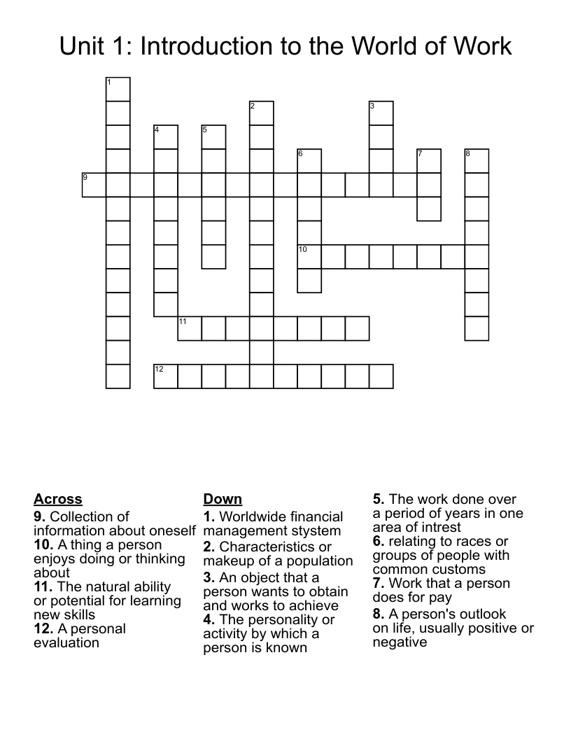 Unit 1 Introduction To The World Of Work Crossword WordMint Unit 1 Introduction To The World Of Work Crossword WordMint