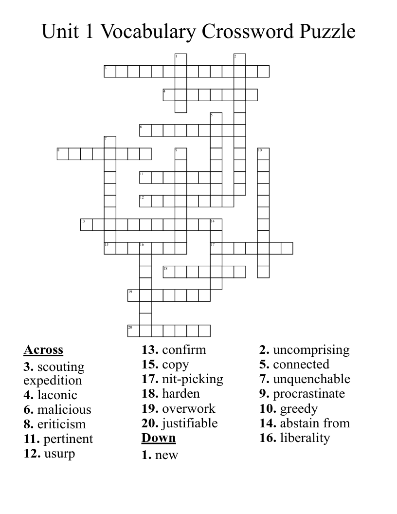 Unit 1 Vocabulary Crossword Puzzle WordMint