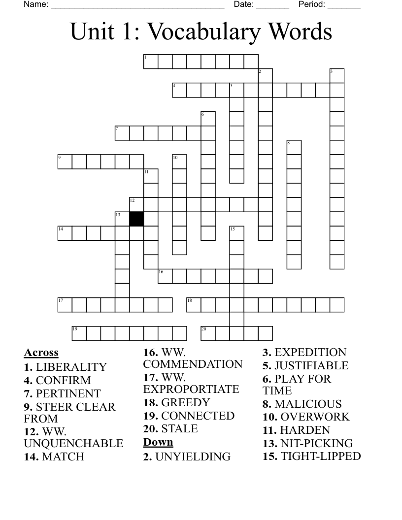 Unit 1 Vocabulary Words Crossword WordMint