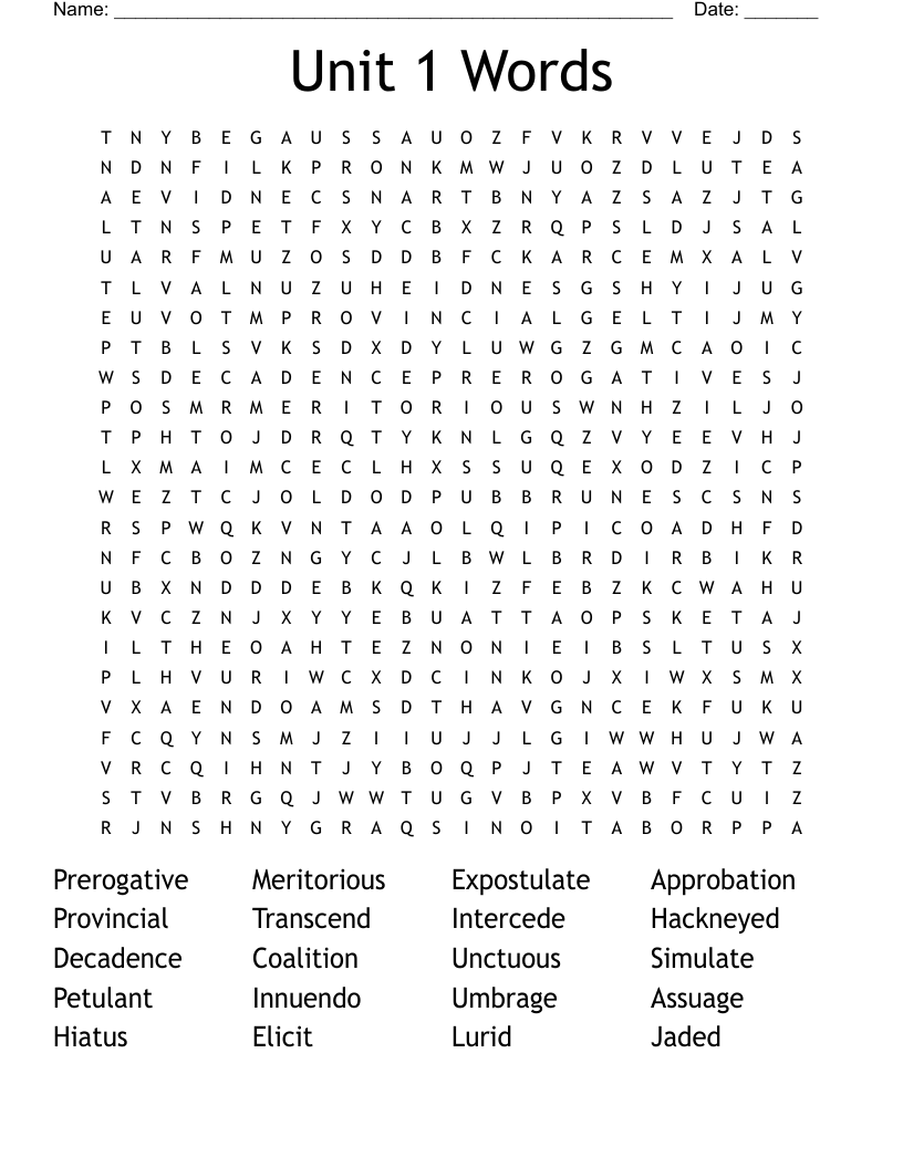 Unit 1 Words Word Search WordMint Unit 1 Words Word Search WordMint